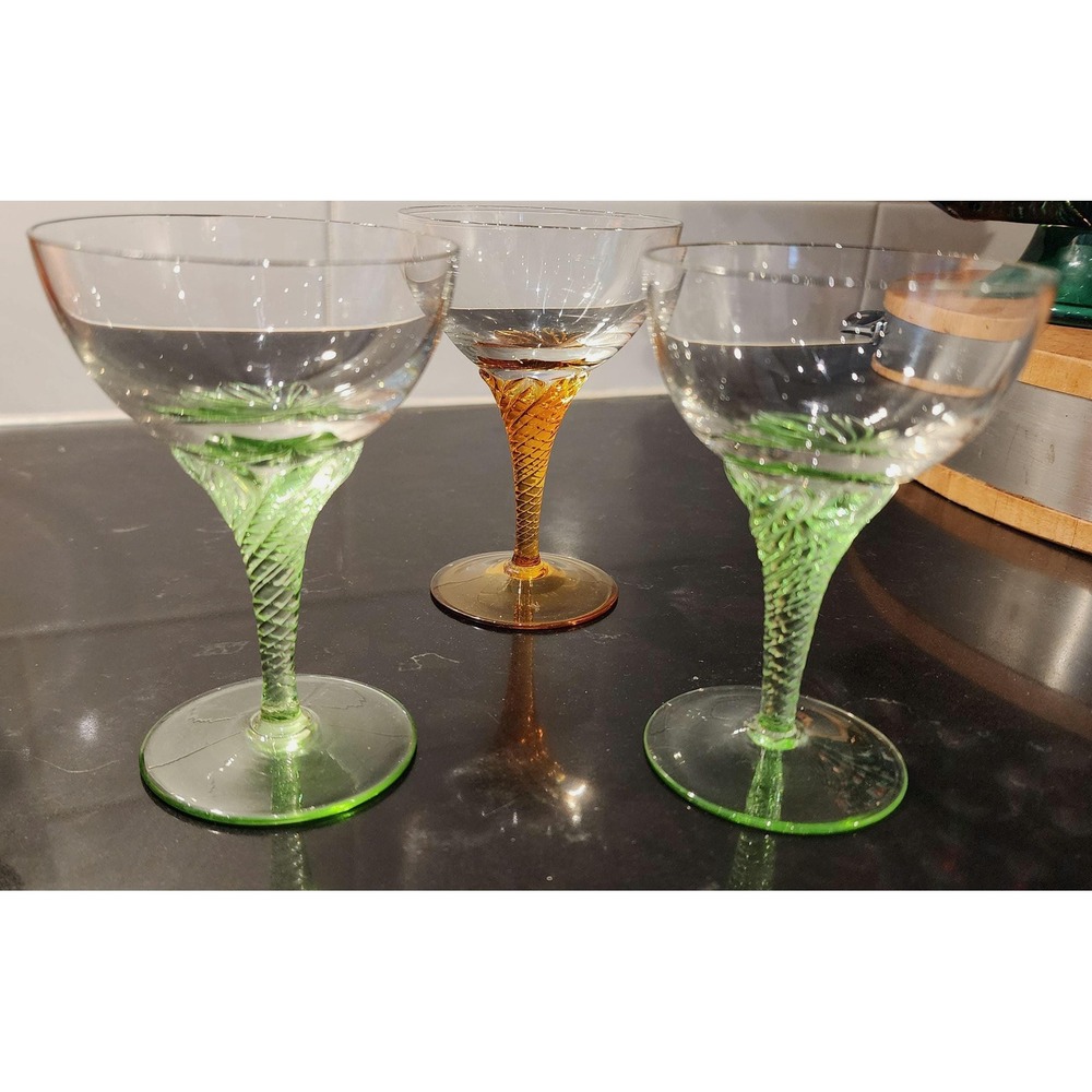 Vintage Art Glass Coupe Glasses Green Amber Twisted Stem Barware Set of 3 MCM